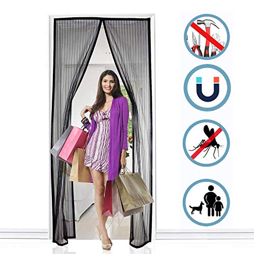 WISKEO Fliegengitter Tür Ohne Bohren Magnet Insektenschutz, Magnetvorhang Klettband Selbstklebend, Moskitonetz Magnetischer, Verschiedene Größen, Geschenke Balkontür - Schwarz 115x200cm