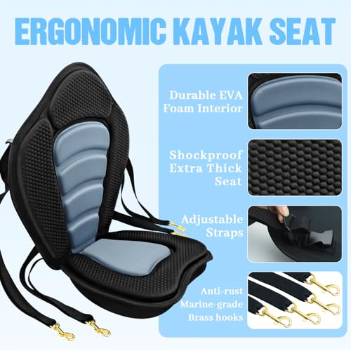 Image of Kayak Seat Deluxe Padded Fishing Boat Seat Deluxe Sit-On-Top Canoe Seat Cushioned - Comfortable Backrest Support Universal Sit with Adjustable Back Strap Detachable Storage Bag