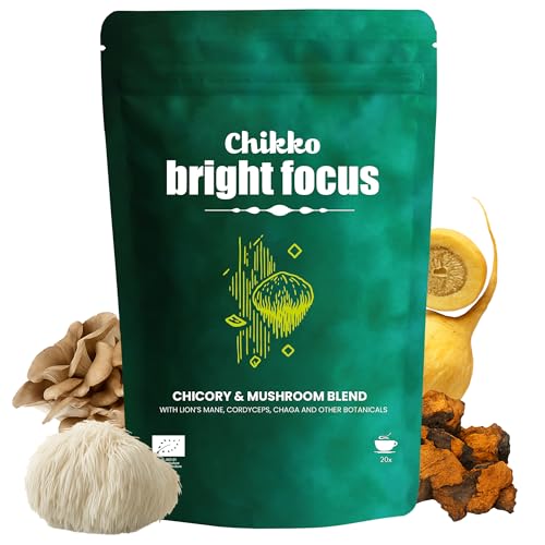 Chikko Bright Focus Mushroom Latte Mix Reich an Antioxidantien & Adaptogenen mit Löwenmähne Cordyceps Maitake Chaga & Maca Für Fokus & Natürliche Energie 1x100g