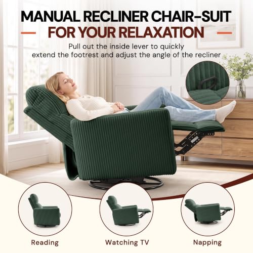 Image of Korser 360 Swivel Glider Rocker Manual Recliner, High Back Corduroy Recliner with Curved Armrests, Green Nursery Rocking Reclining Chair for Living Room Bedroom Adults