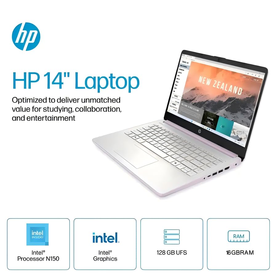 Image of HP 14 Inch Laptop, 2025 New Student Business Laptop, Intel N150(Beats N4120), 16GB RAM, 384GB Storage(128GB UFS+256GB MSD), Copilot AI, Wi-Fi 6, Windows 11 Pro, 1-Year Office 365, Honey Lavender