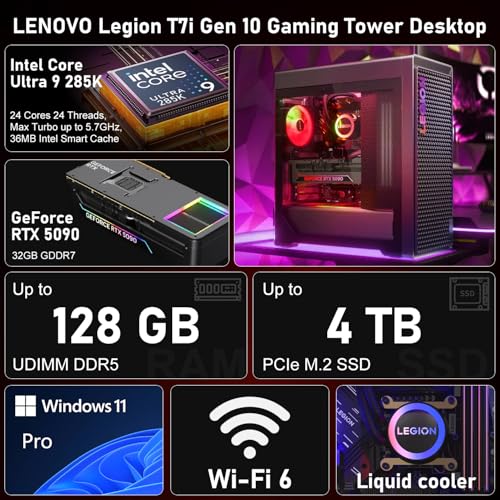 Image of Lenovo Legion T7i 5090 Gaming Tower Desktop, Intel Core Ultra 9 285K, GeForce RTX 5090, 64GB DDR5, 4TB SSD, Liquid Cooling, 3X DP, HDMI, Wi-Fi 6, Windows 11 Pro, Black