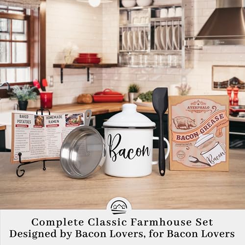 Image of Ayerphalo 24oz Enamel Bacon Grease Container with Strainer, Farmhouse White