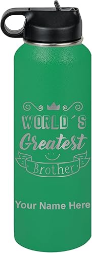 Miniatura 59 de LaserGram Botella de agua personalizada, World's Greatest Brother, acero inoxidable de doble pared aislada al vacío con popote superior, regalo