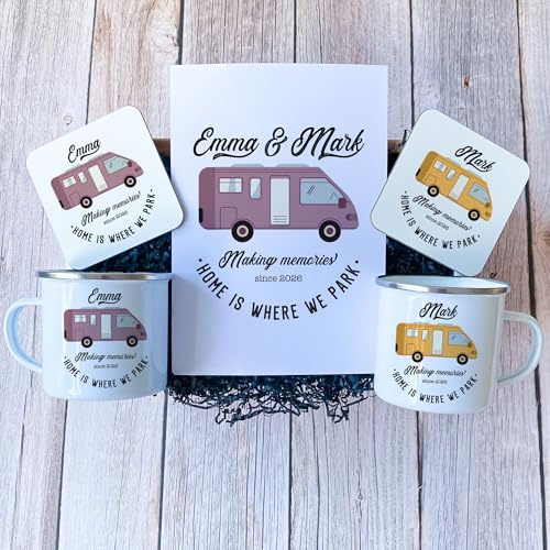 Pomchick - Campervan Enamel Camp Mug Set with Enamel Mug Coaster...