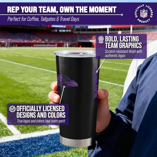 Image of Baltimore Ravens NFL 20oz Stainless Steel Insulated Tumbler, Slider Lid | Officially licensed Ravens drinkware; double-wall vacuum construction; cupholder compatible; BPA-free; hand wash only