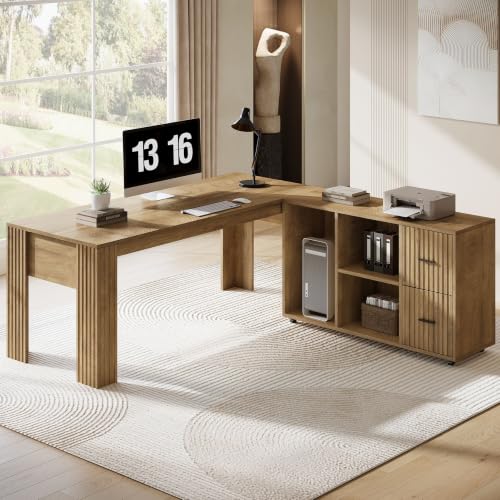 Tribesigns 63" L Shaped Executive Desk with Mobile File Cabinet, Brown