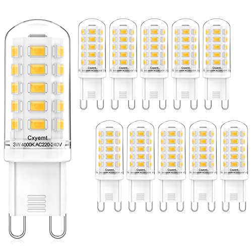 Cxyemt Bombillas LED G9 de 3W,Equivalentes a Bombillas Halógenas de 28W,33W, 40 W, blanco natural 4000K, AC 220 240V,No Regulable, Sin Parpadeo,Lámpara de luz LED G9 de Ahorro de Energía,Paquete de 10