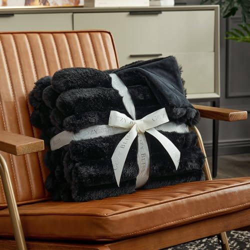 Cozy Bliss Faux Fur Throw Blanket for Couch, Cozy Warm Plush Striped Blanket for Sofa Bedroom Living Room,50 * 60 Inches Black - Image 5