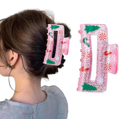 Christmas Hair Clips Square Winter Hair Claw Clips for Thick Hair Shiny Pink Christmas Hair Accessories for Women Xmas Tree Candy Snowflake Design French Hair Hairpin for Christmas Hair Decor 1pcs