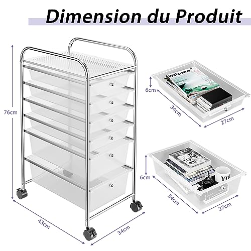 Chariot de rangement bureau 6 tiroirs transparents GIANTEX