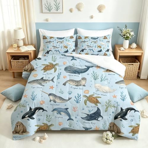 Image of Ocean Animal Comforter Set Queen Sea Creatures Bedding Set for Kids | Cute Watercolor Marine Animal Bedding Set for Boys Girls Teens, 3 Piece Kids Soft Comforter Set Bedroom Decor