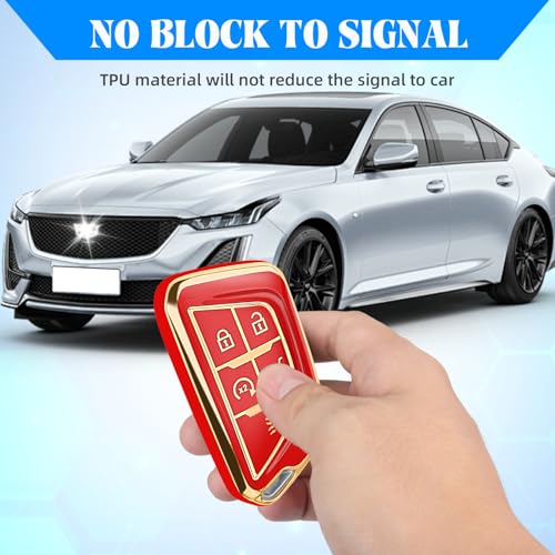 Image of QBUC for Cadillac Key Fob Cover with Leather Keychain (Gold Trim Red) | Soft TPU Protection Case Compatible with 2020-2026 Cadillac Escalade Lyriq Optiq 5-Buttons