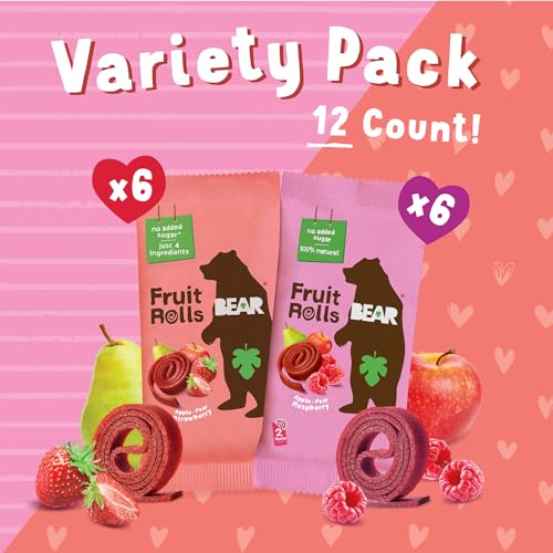 Image of Bear Valentines Day Strawberry & Raspberry Fruit Rolls Variety Pack, 12 Pack (2 Rolls Per Pack) - Gluten Free, Vegan, and Non-GMO - Healthy School And Lunch Snacks For Kids And Adults