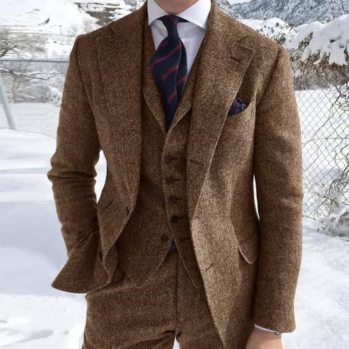 Men's 3 Piece Suit for Winter Wedding Formal Groom Tweed Wool Tuxedo Blazer Vest Pants3