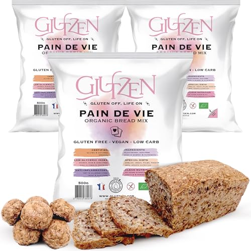 Preparado para Pan Sin Gluten BIO GLUTZEN. Mezcla para pan, low carb, sin máquina de pan, sin gluten, bajo IG, keto, vegano, sin alérgenos. Pan de semillas nutritivo listo en 3 min. (3x500g)