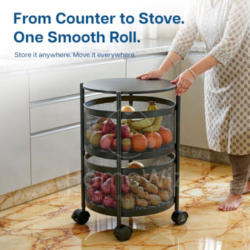 Image of HomeWiz Round Kitchen Rack 2- Layer | Lifetime Usage Heavy Duty Steel Trolley | Kitchen Storage | Onion Potato Rack for Kitchen | Multipurpose Storage Rack for Fruits & Vegetables | Rust-Free Forever