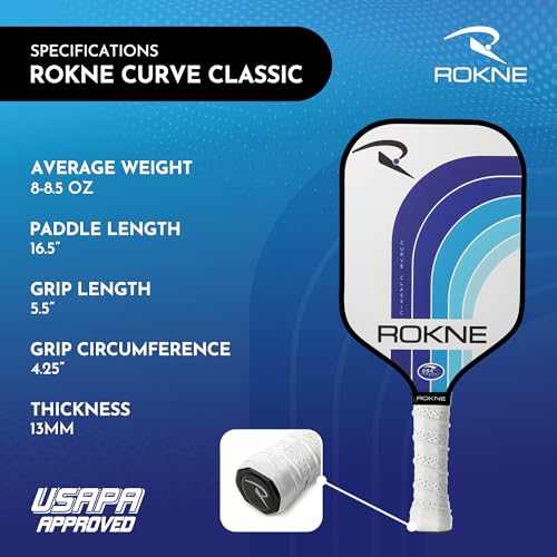 Image of ROKNE Curve Classic Pickleball Paddle, USAPA Approved Pickle Ball Rackets, ProGrit Texture, Max Spin & Control, Comfort Cushion Grip, Long Handle, Fiberglass, Polypropylene Honeycomb Core