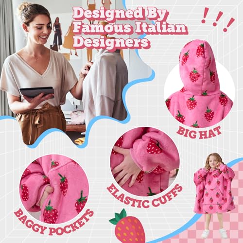 MIZZEO Kids Wearable Blanket Hoodie, Oversized Sherpa Wearable Blanket with Hood Pocket and Sleeves for Toddlers, Cute Hoodies 2-6 Year Old Girls Youth Birthday Gifts (Strawberry)