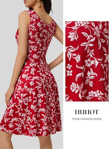 Image of HUHOT Womens Sleeveless V Neck Dress with Pocket Summer Beach Midi Flared Tank Dress