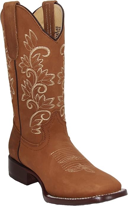 Womens Genuine Leather Cowgirl Boots Floral Embroidered Square Toe Tang Pull-On 1 25 Heel Handcrafted Mid-Calf Western Boot