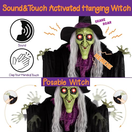 150cm Animierte Hexe für Halloween Deko 🎃 – Sprachaktiviert, Leuchtende Augen & Gruselige Bewegung für Spukhäuser! – Bild 5