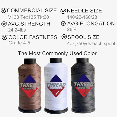 Sissewpro 3PCS Bonded Nylon Thread 138 Upholstery Thread Heavy Duty for Sewing Machine Strong Black Threads for Leather Crafts Furniture Cusion Boats Car Cover Seats,Tex135, 4oz 750yds(3, WH&BK&BN) by SISSEW PRO - Used condition - Image 5