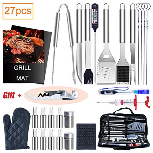 Tintonlife 27PCS BBQ Grill Accessories Tools Set, Stainless Steel Grilling Accessories with Thermometer，Carry