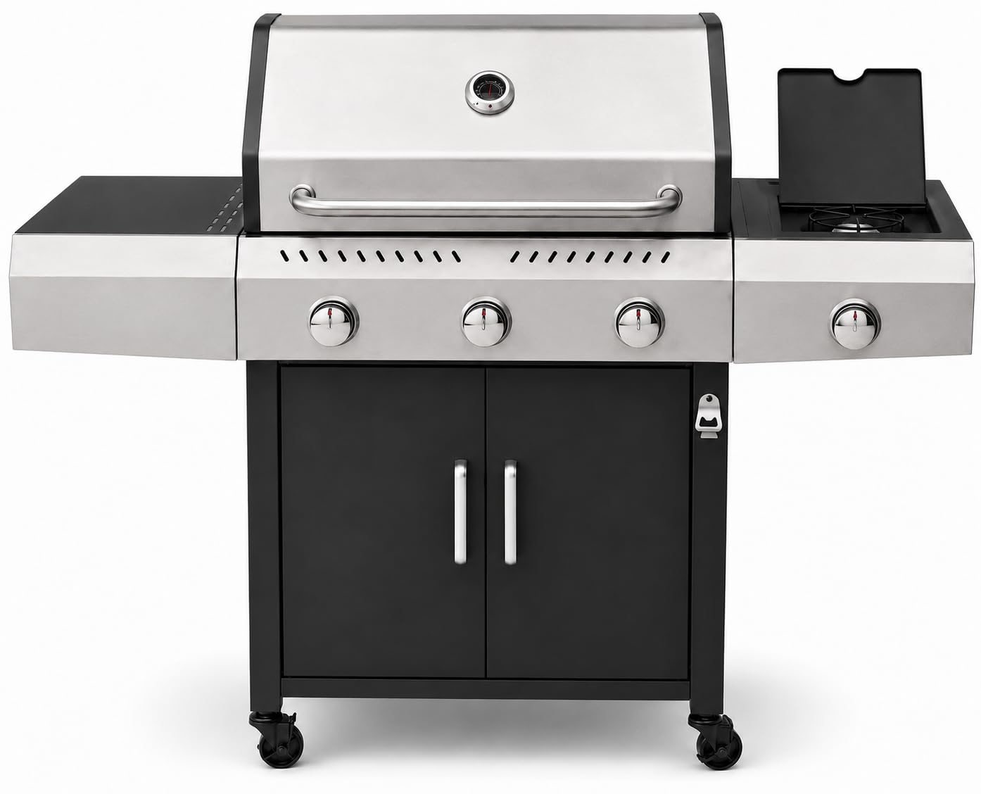 Barbecue a Gas Professionale XXL Da 13 kW con 4 Bruciatori in Acciaio Inox 304 Con Fuoco Laterale Termometro Coperchio Doppio Griglia Di Cottura 65 x 42 Cm Scaldavivande Ruote 135 × 50 × 120 Cm Nero
