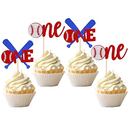 24 PCS Baseball 1st Birthday Cupcake Toppers Glitter First