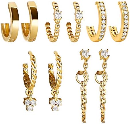 5 Pairs Gold Huggies Hoop Earrings Set for Women Girls Small Dangle Chain Hoop Earrings Jewelry for Gifts