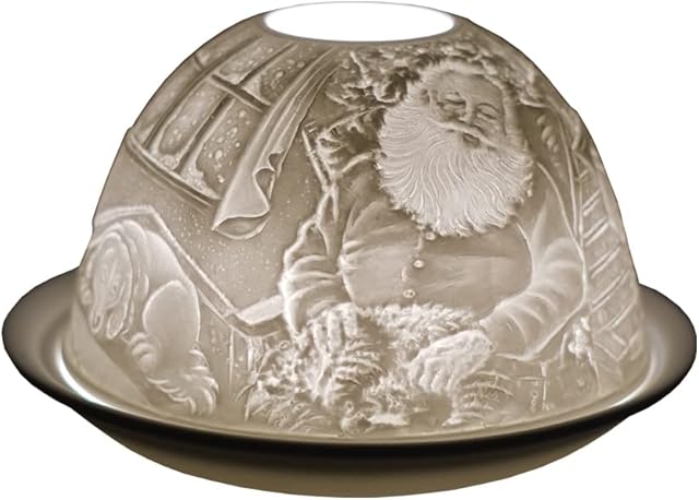 Cello Porcelain Tealight Holder Dome, Santa & Dog Design, A stunning candle holder projecting a 3D image or loving message. Suitable to be used with scented and unscented tealights.
