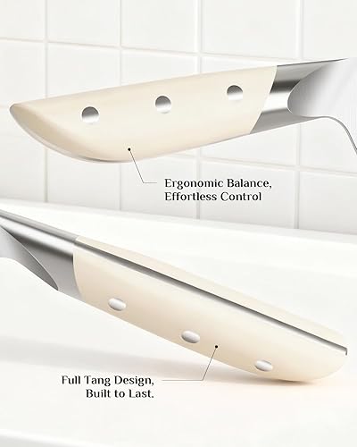 Miniatura 5 de Juego de cuchillos de cocina - Juego de 14 cuchillos blanco crema con bloque y afilador - Acero inoxidable alemán - Juego de bloques de cuchillos de