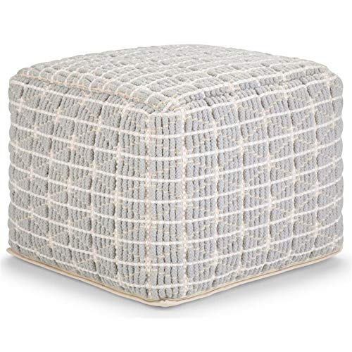 Pemberly Row Boho Square Pouf in Light Blue and White Handloom Woven Pattern