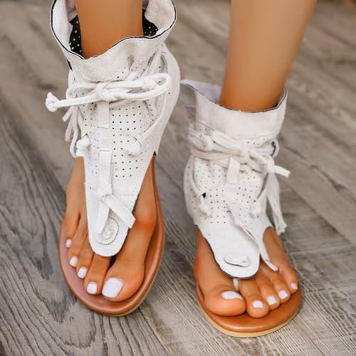 Women's Tassel Gladiator Flip Flops Sandals,Summer Retro Bohemian T-Strap Roman Open-Toe Sandals Casual Beach Flat Clip Toe Ankle Boots3