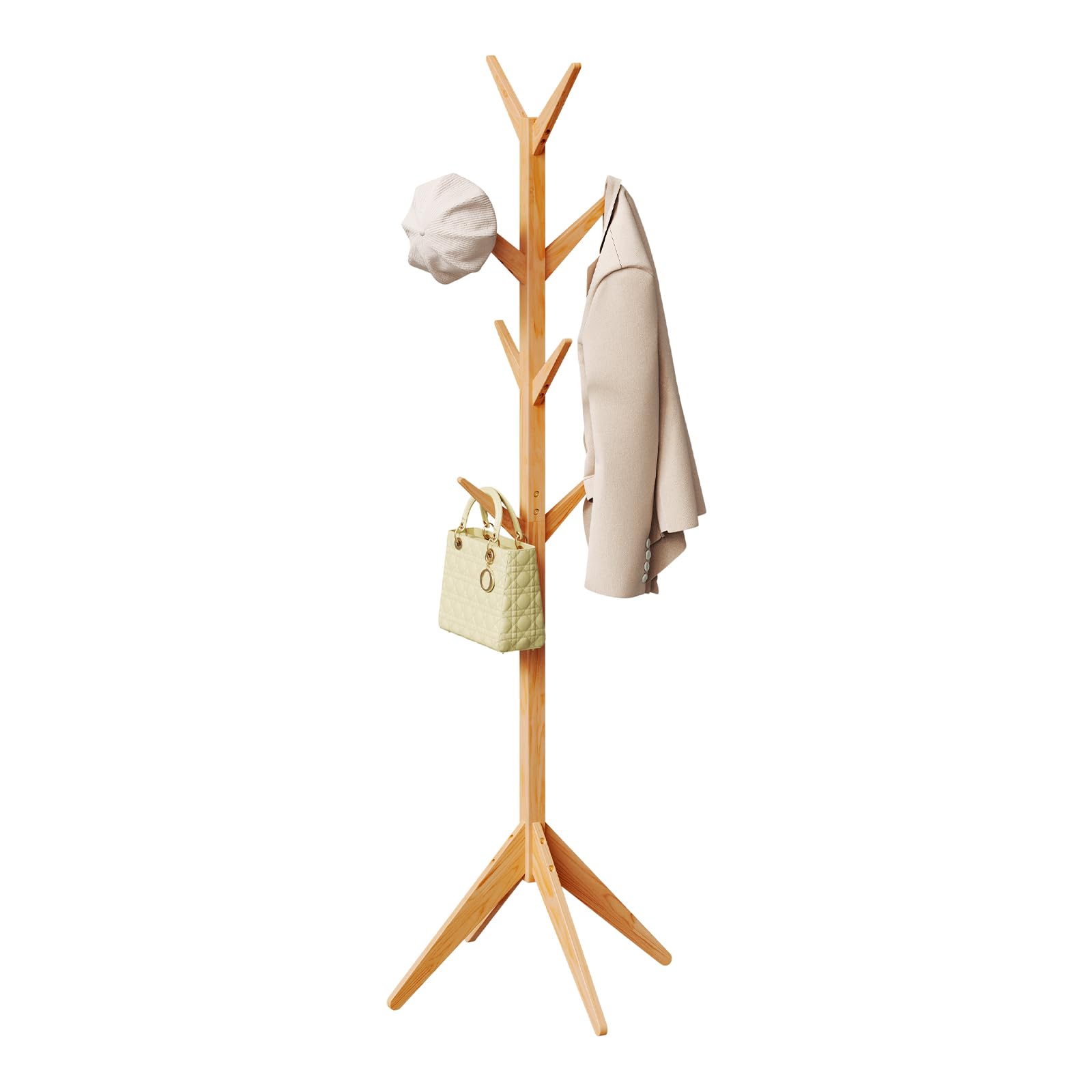 WOLTU Porte-Manteau en Forme d’Arbre, en Bois massif, Portemanteau sur Pied, Hauteur 180cm, avec 8 Crochets Nature