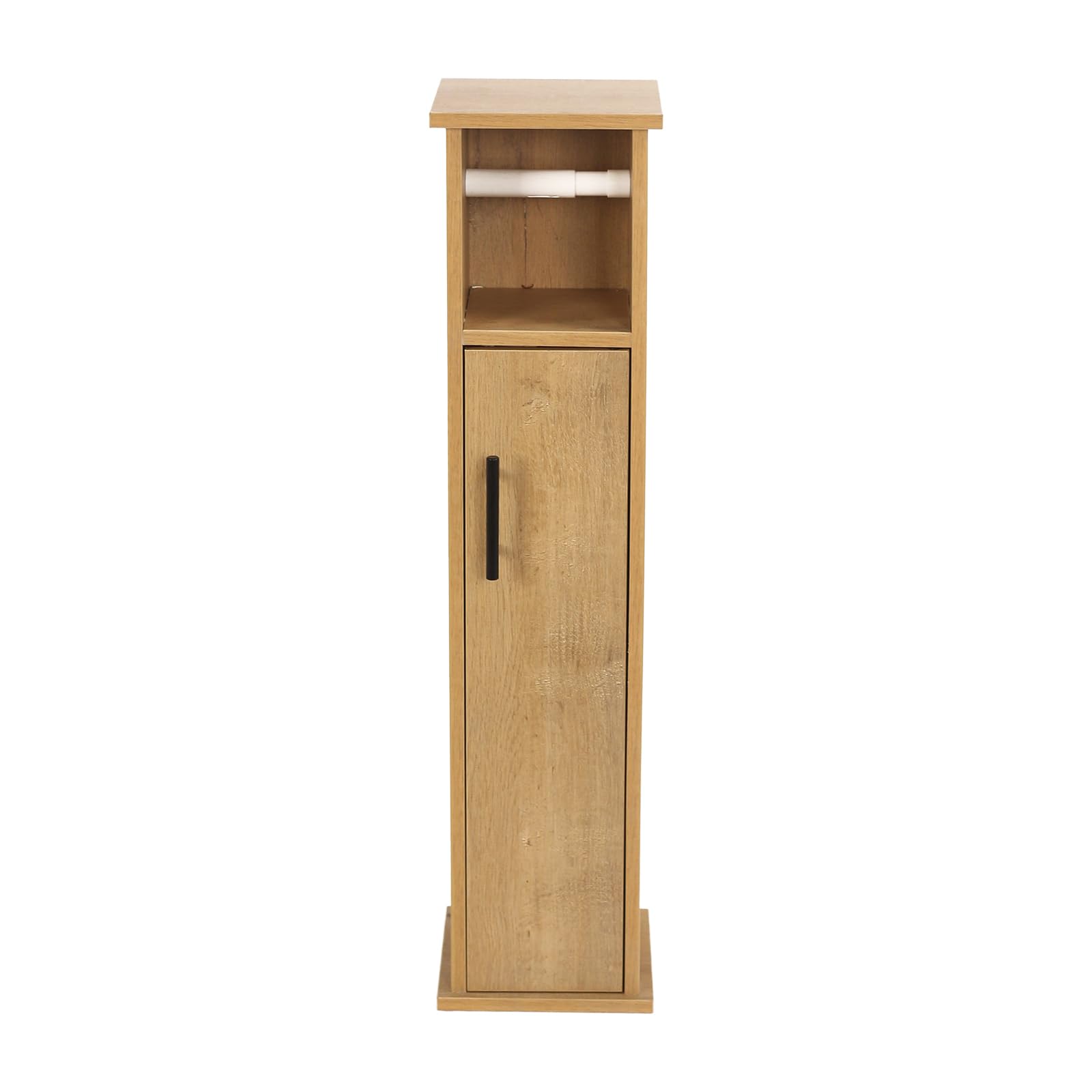 XZ-23014 Armario de Baño Alto y Estrecho con Compartimentos – Mueble Organizador para Papel Higiénico – Columna de Almacenaje 76,5 cm – Puerta con Manija Metálica – Color Roble