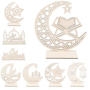 8 PCS Eid Mubarak Wooden Decor Eid Mubarak Ramadan Wooden Plaque Ornament for Happy Eid Mubarak Ramadan Home Room Table…