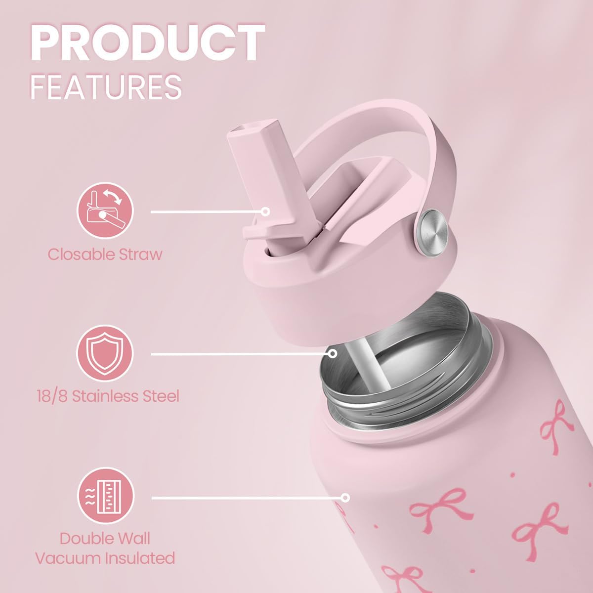 Pink Bow Water Bottle Stainless Steel Insulated Vacuum 32oz with Lid, Gifts for Women Girls Teens Birthday Christmas - Image 2