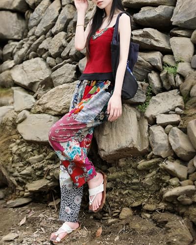 Women's Patchwork Harem Pants Cotton-Linen Blend Boho Trousers Hippie Pants with Pockets Fall Winter3