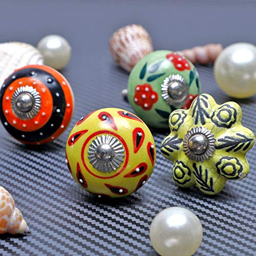 Image of Shriyam Ceramic Vintage Colourful Pottery Drawer Handle Door Knobs & Pulls for Cabinets Home Interior Decor Hardware (D-1.7 inch X H-2.5 inch, 10, Multi Color)