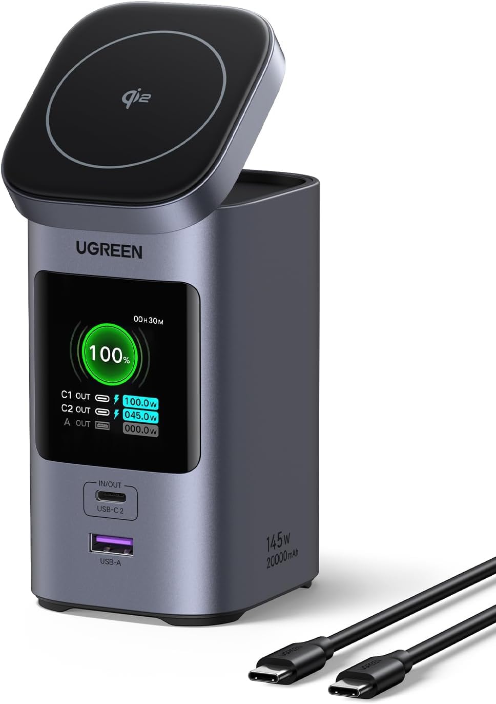 UGREEN Nexode Power Bank 20000mAh 145W PD 3.0 Portable Charger 72Wh Qi2 Certified 15W Wireless Fast Charging Magsafe Battery Pack 2C1A with TFT Display for iPhone 17/16 Series/MacBook/iPad and More