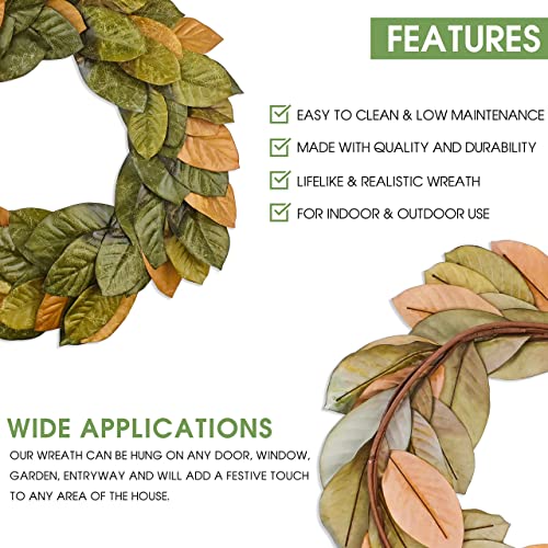 Vita Domi 30" Faux Magnolia Leaf Wreath - 2-Tone Brown Green Artificial Boho Wreaths For Front Door, Kitchen, Home- Polyester, Metal Wire, Tape - Farmhouse Decor For Christmas, Wedding, Baby Shower #TOP5