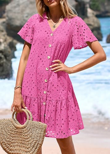 Image of KIRUNDO Eyelet Dresses for Women Button Down Mini Babydoll