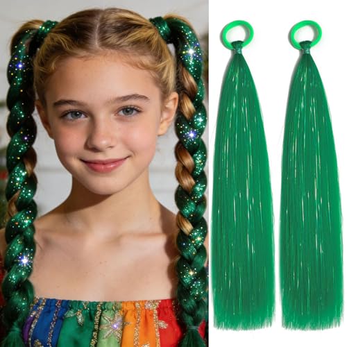 Green Ponytail Hair Extensions for Braids Tie In 2 Packs 16 inch Colored Festival Crazy Hair Day Accessories