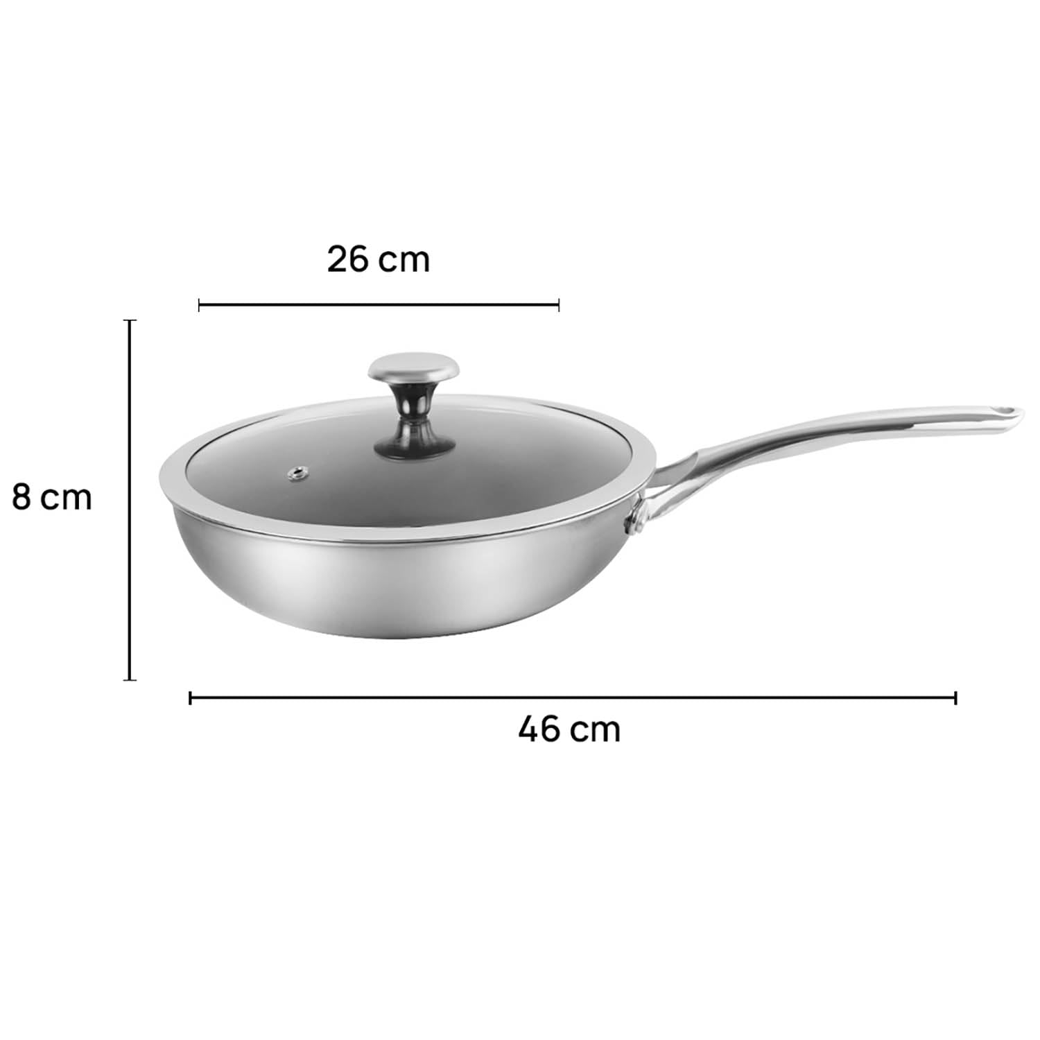 CORELLE Duranano Wok Pan 26Cm with Lid, Tri-Ply Stainless Steel
