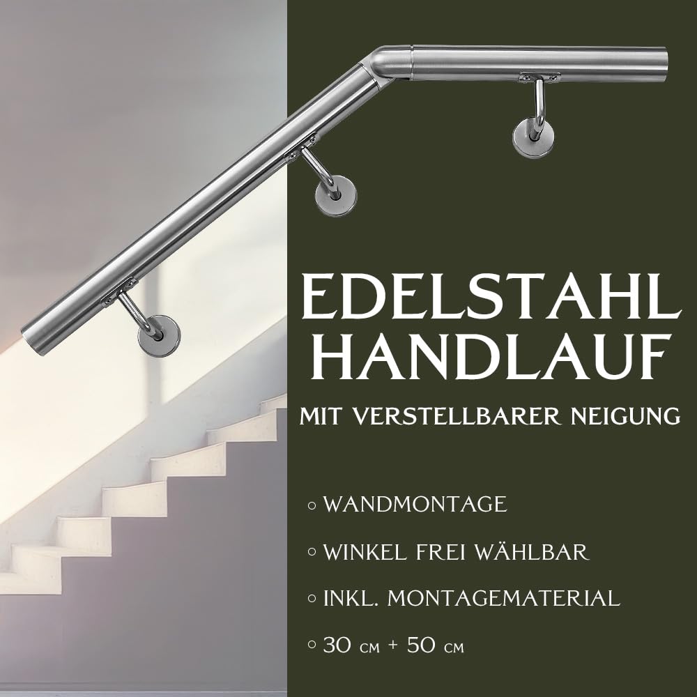 Handlauf aus Edelstahl mit Winkel 50 cm Gelenkverbinder Rohrverbinder Treppengeländer Geländer für Treppe 4,2 cm Wandhandlauf Wand Treppe V2Aox