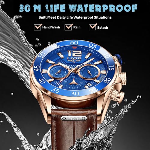 Image of LIGE Men's Watch Chronograph Genuine Brown Leather Strap Rose Gold Case with Date, Luminous Hand Analog Watches for Men | Gift for Men