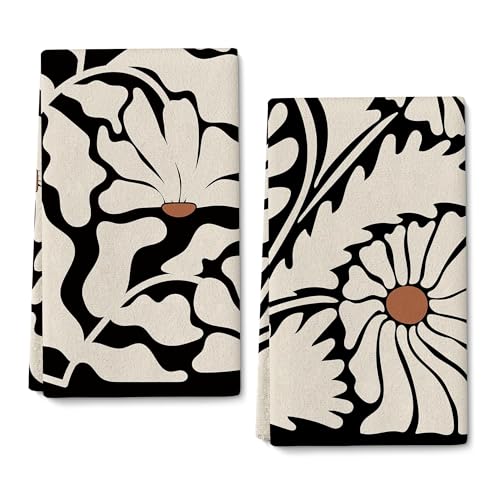 Oblivix Black and White Kitchen Towels,Cute Black Beige Decorative Tea Towel Set of 2,Retro Boho Dish Towels,Ultra Soft Absorbent Dish Cloth for Kitchen and Home Decor