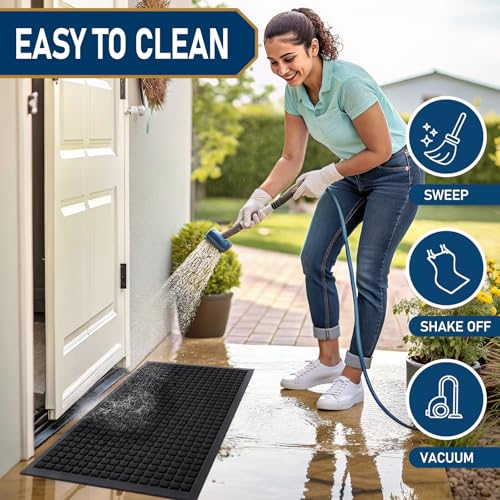Smiry Front Door Mat Outside Entrance, Heavy Duty Natural Rubber Doormat, Non Slip, Trap Dirt and Moisture, Easy Clean, Low Profile Welcome Floor Mats for Indoor Outdoor Entry, 29.5x17 Inch, Black